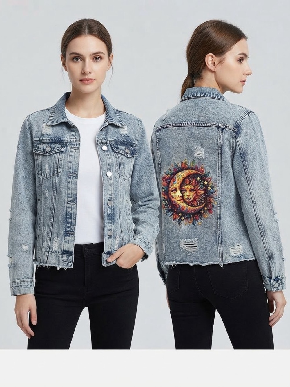 Handcrafted Distressed Denim Jacket with Sun & Moon Back Graphic